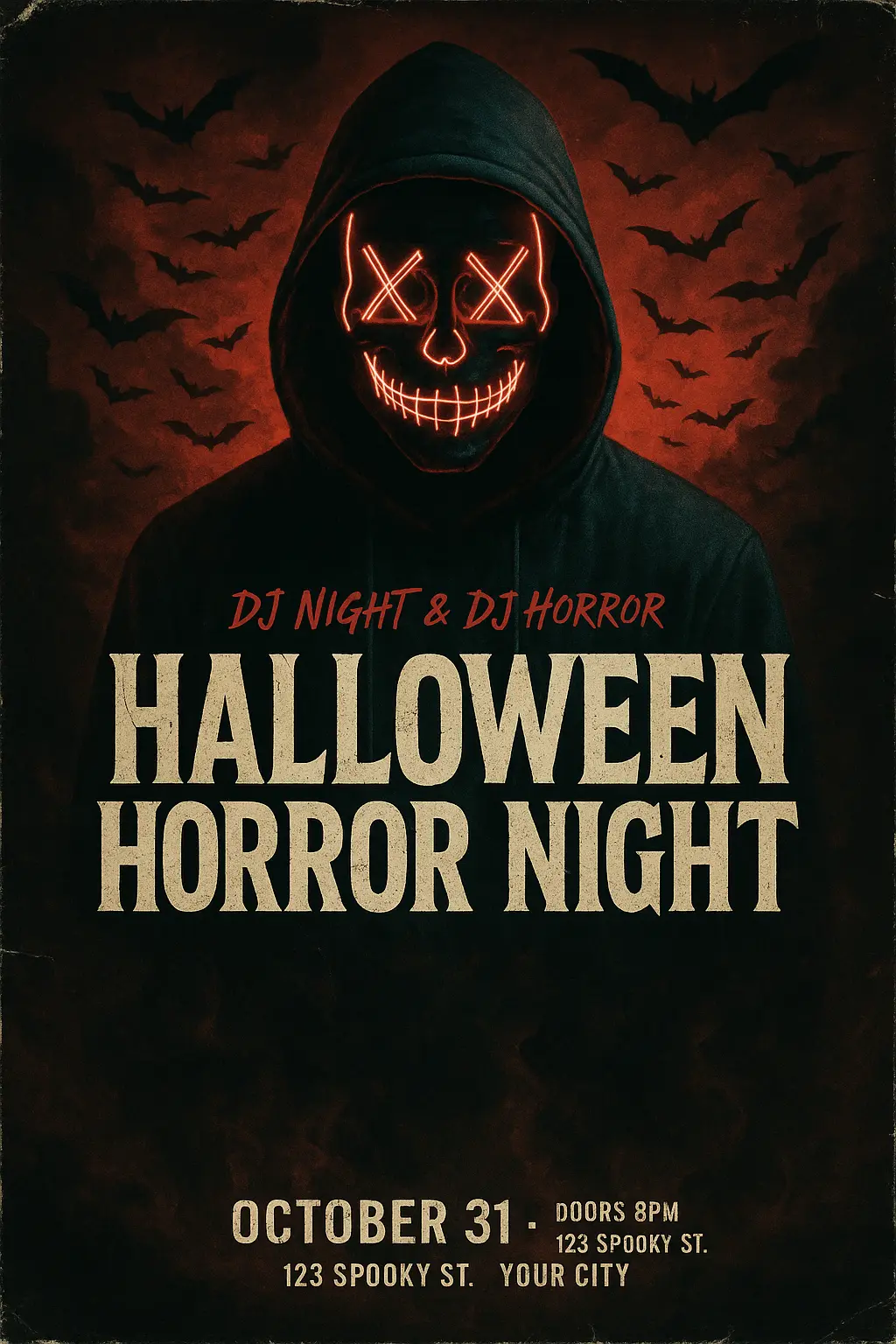 Scary Poster template featuring a hooded figure with a glowing skull mask
