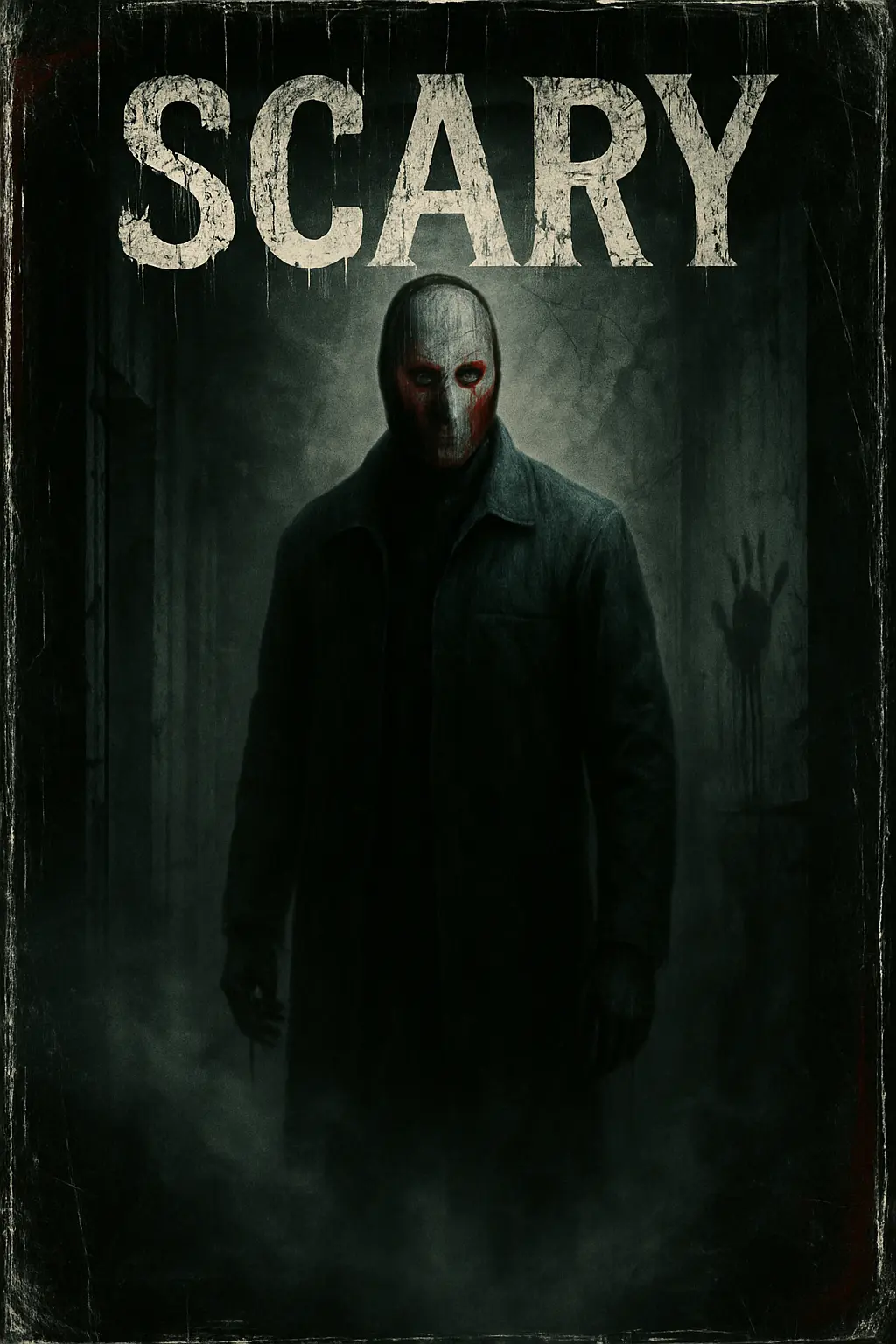 Scary Poster template featuring a masked figure in an abandoned building