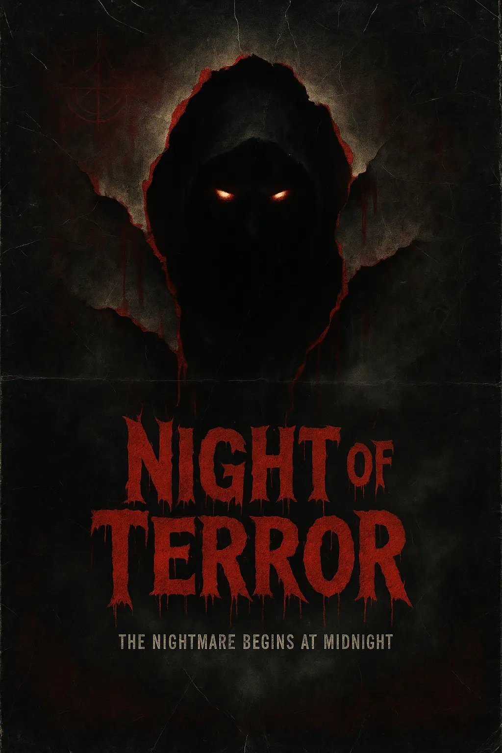 Scary Poster template with glowing eyes, torn textures, and blood-red tones.