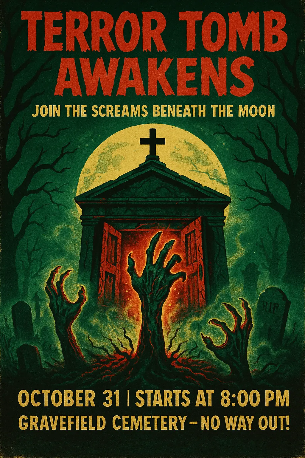 Scary Poster template with zombie hands and haunted mausoleum