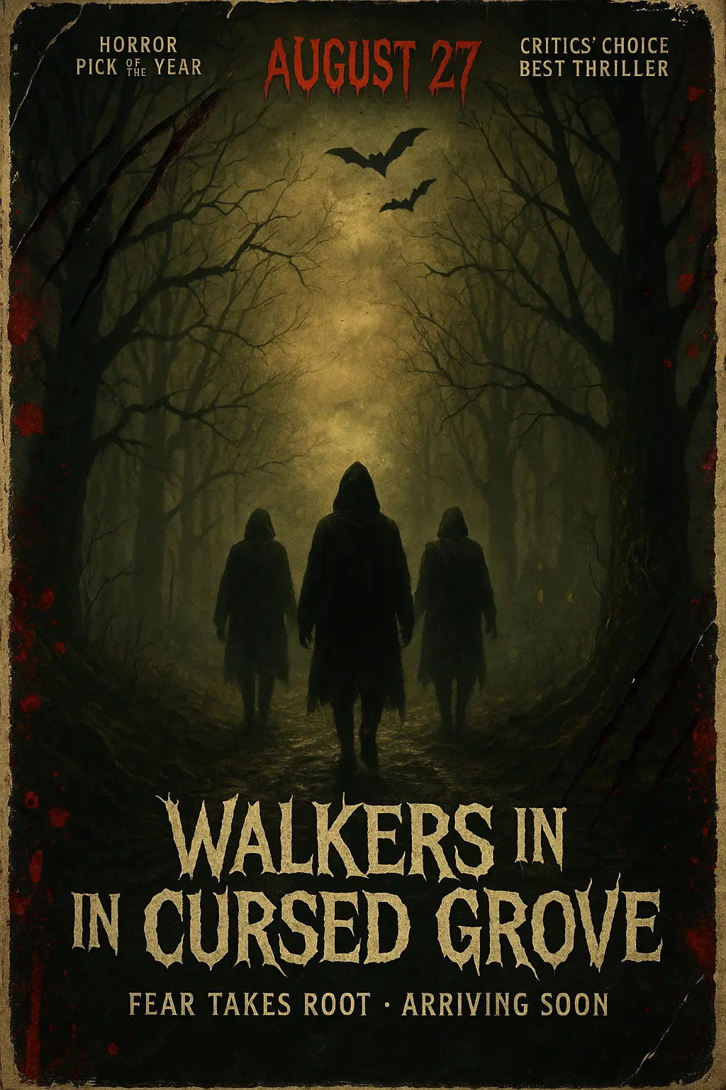 Scary Poster template with hooded figures in haunted forest