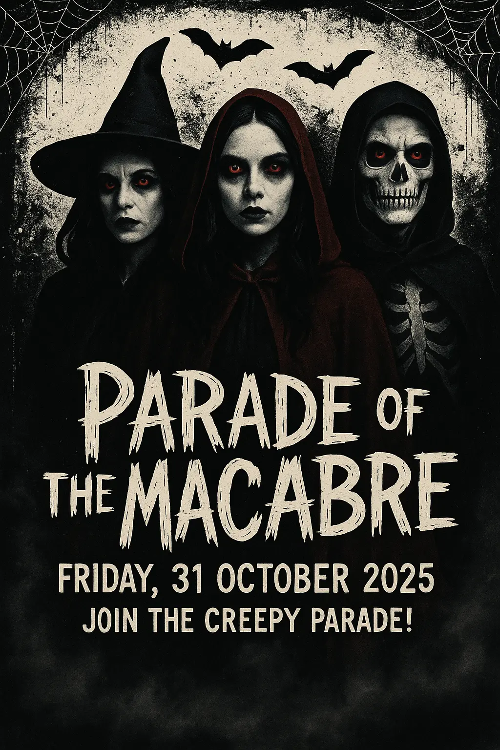 Scary Poster template featuring spooky costumed figures with eerie makeup.