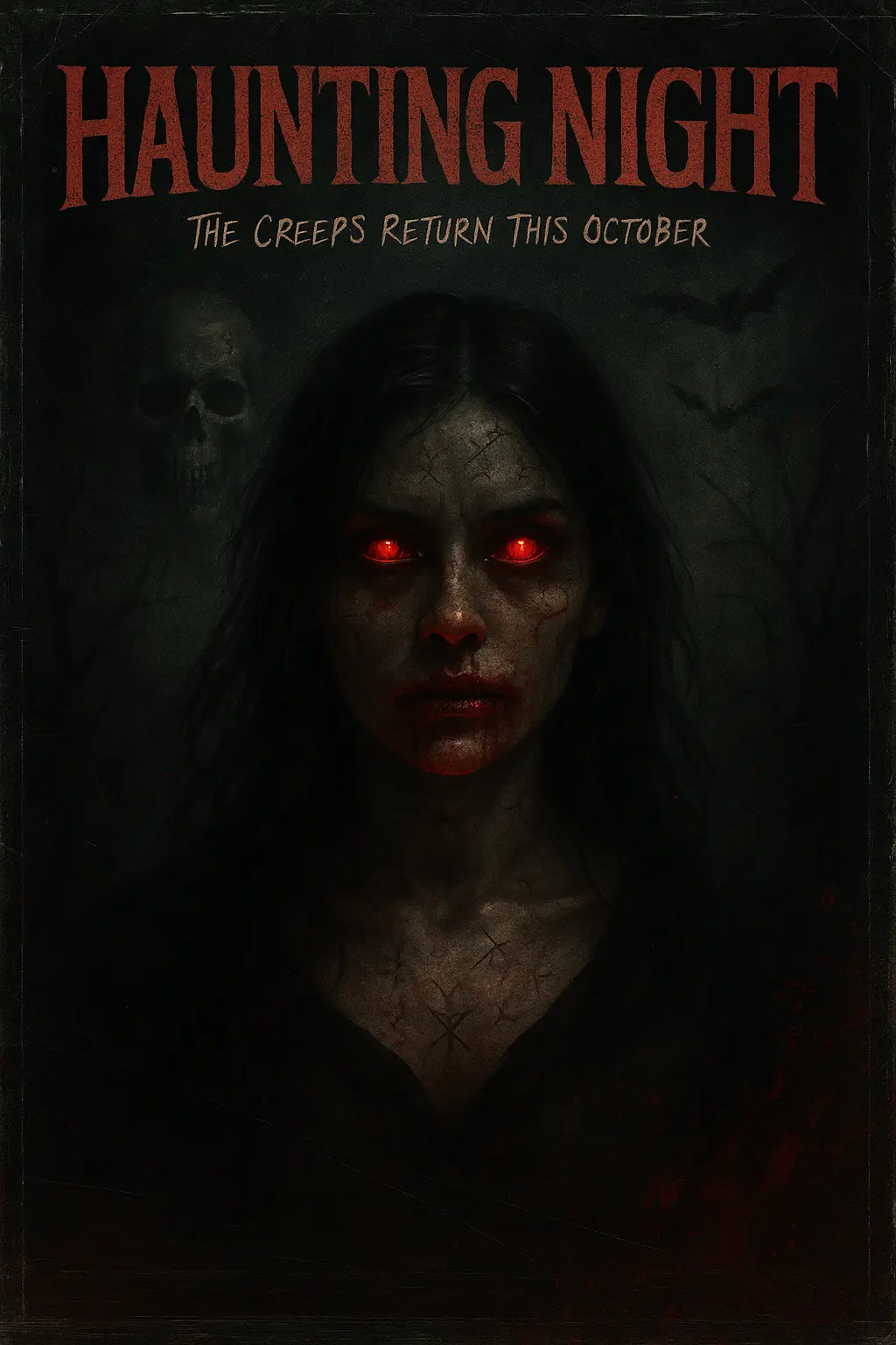 Scary Poster template featuring a glowing-eyed woman with bloodstains