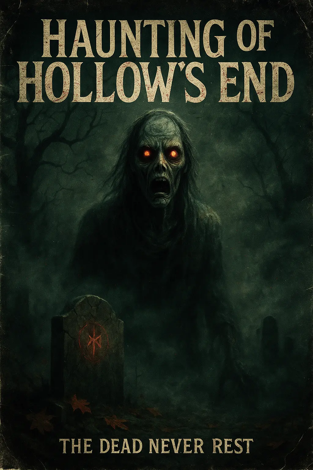 Scary Poster template with ghostly figure in foggy graveyard