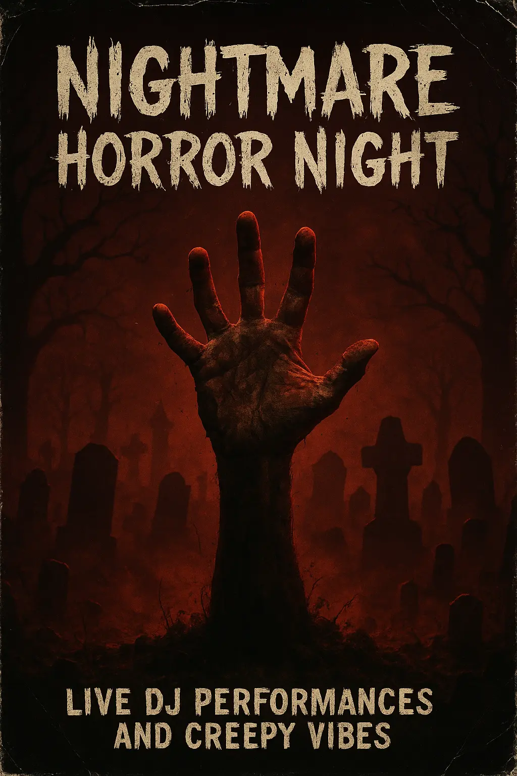 Scary Poster template featuring a disembodied hand rising in a graveyard