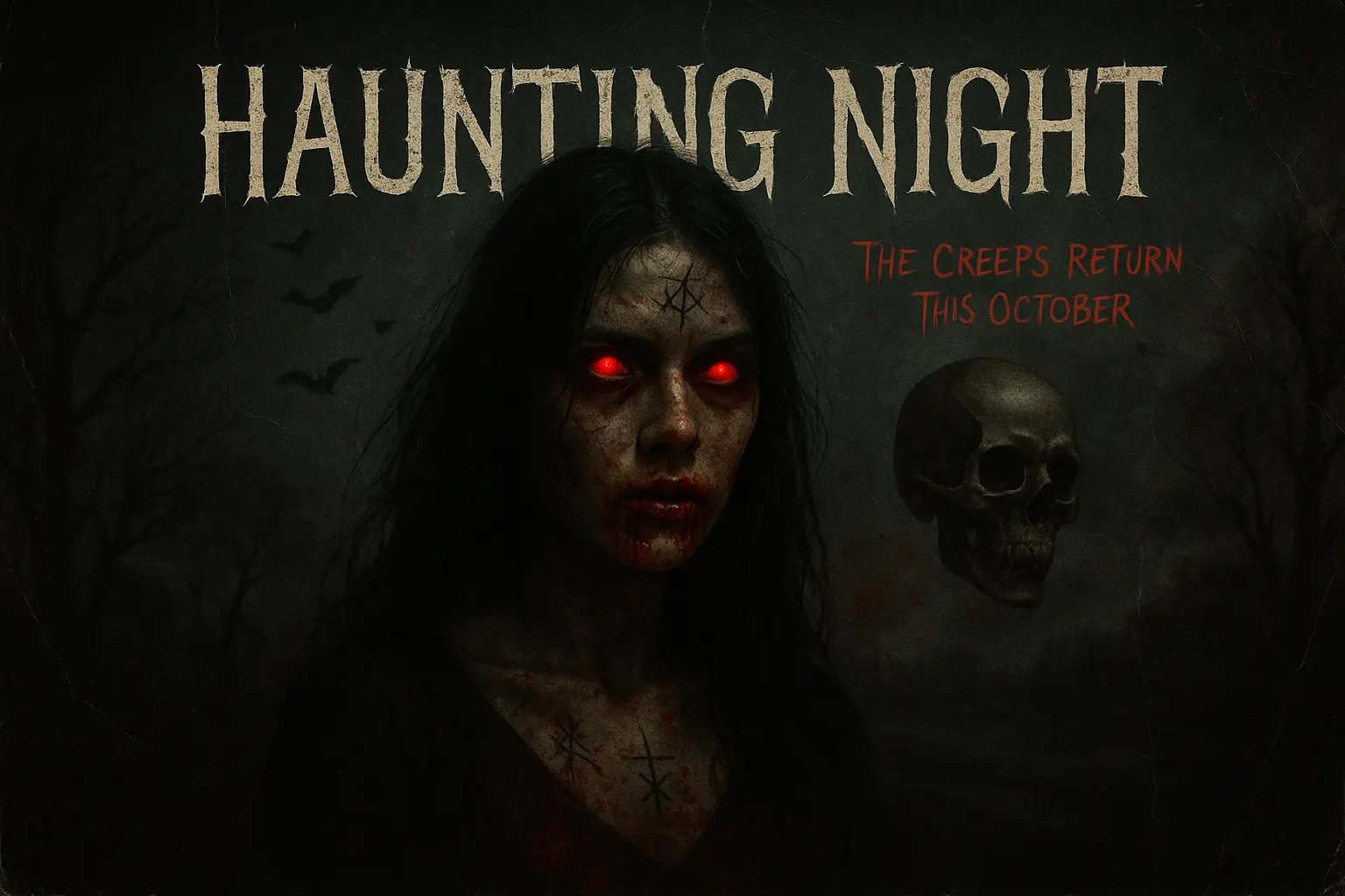 Scary Poster template with ghostly figure in foggy graveyard