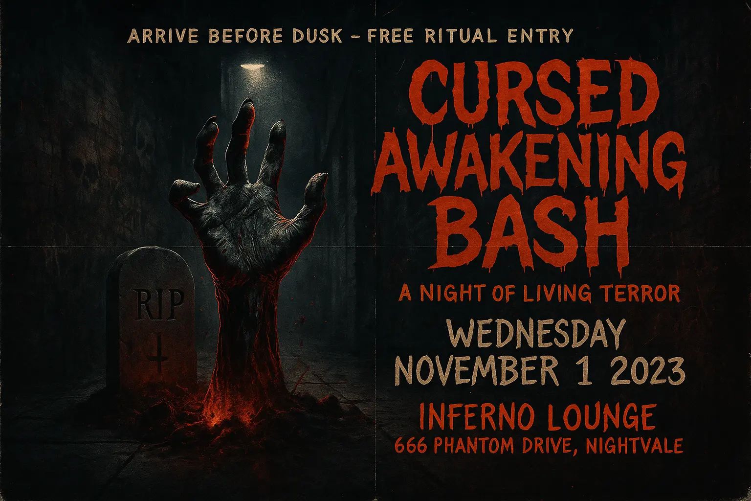 Scary Poster template featuring skeletal figure in graveyard