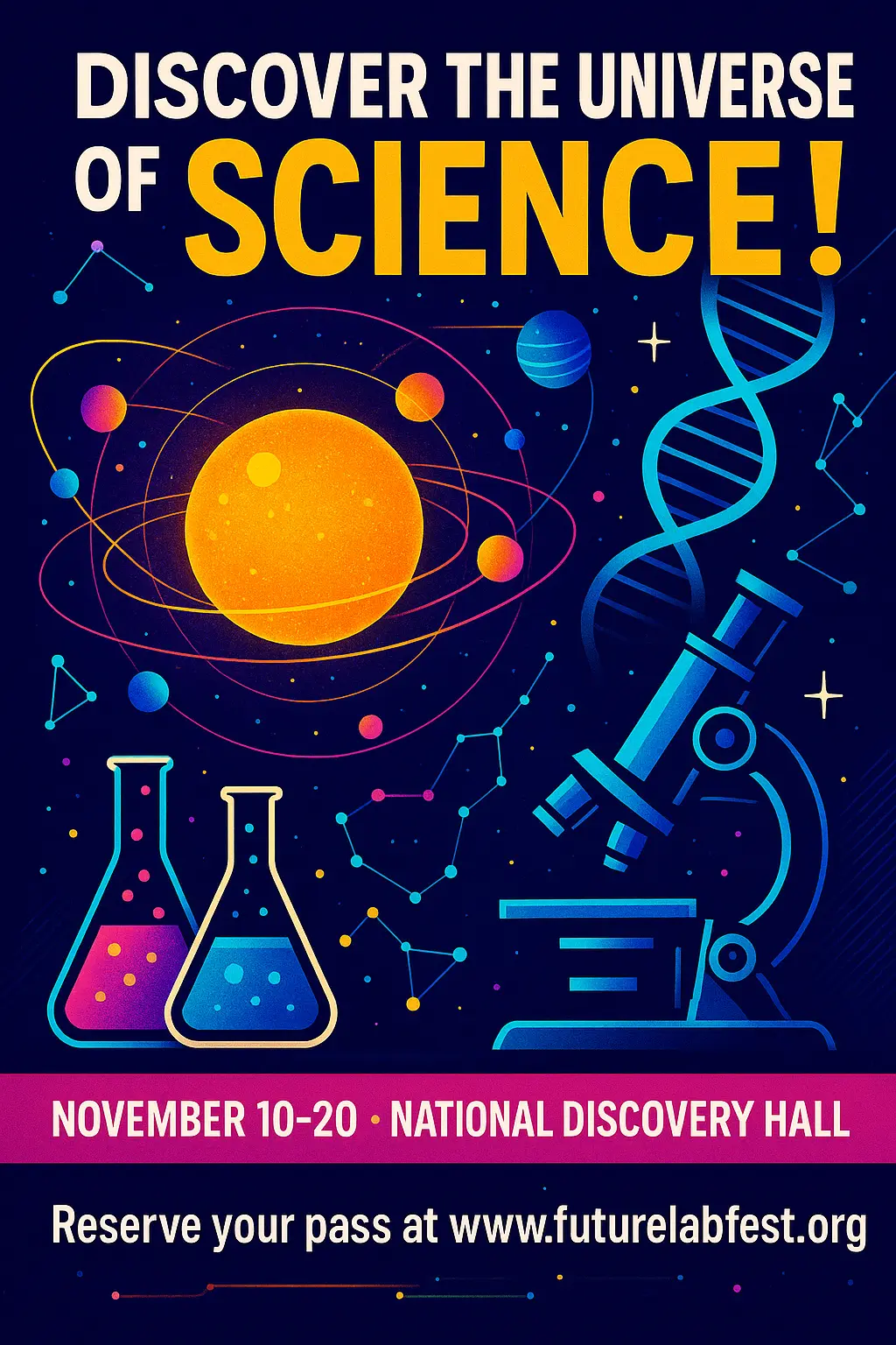 Vibrant Science Poster template with planets, DNA, and lab tools