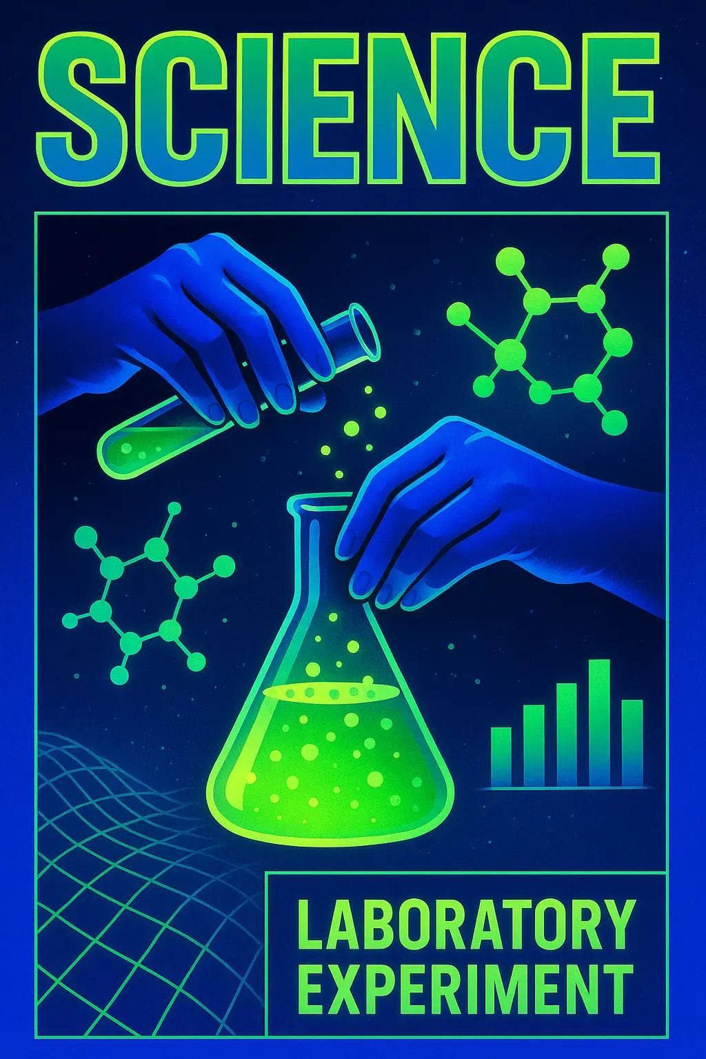 Science Poster template featuring laboratory experiment with green liquids