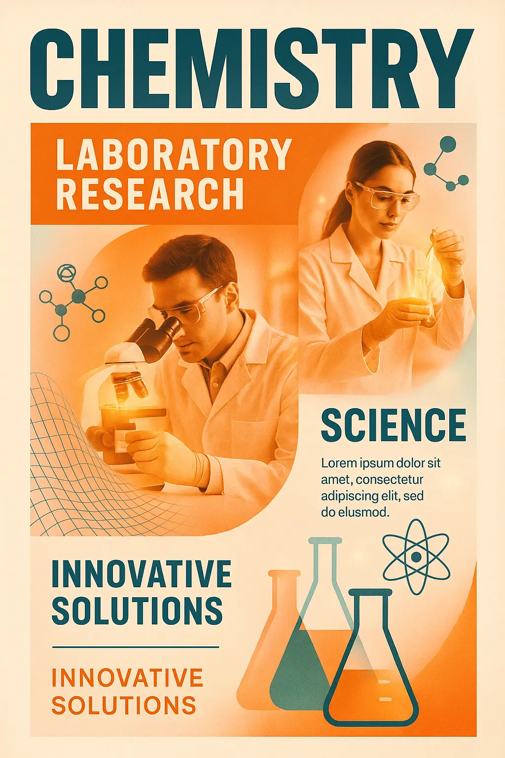 Vibrant collage Science Poster template with lab visuals and bold layout