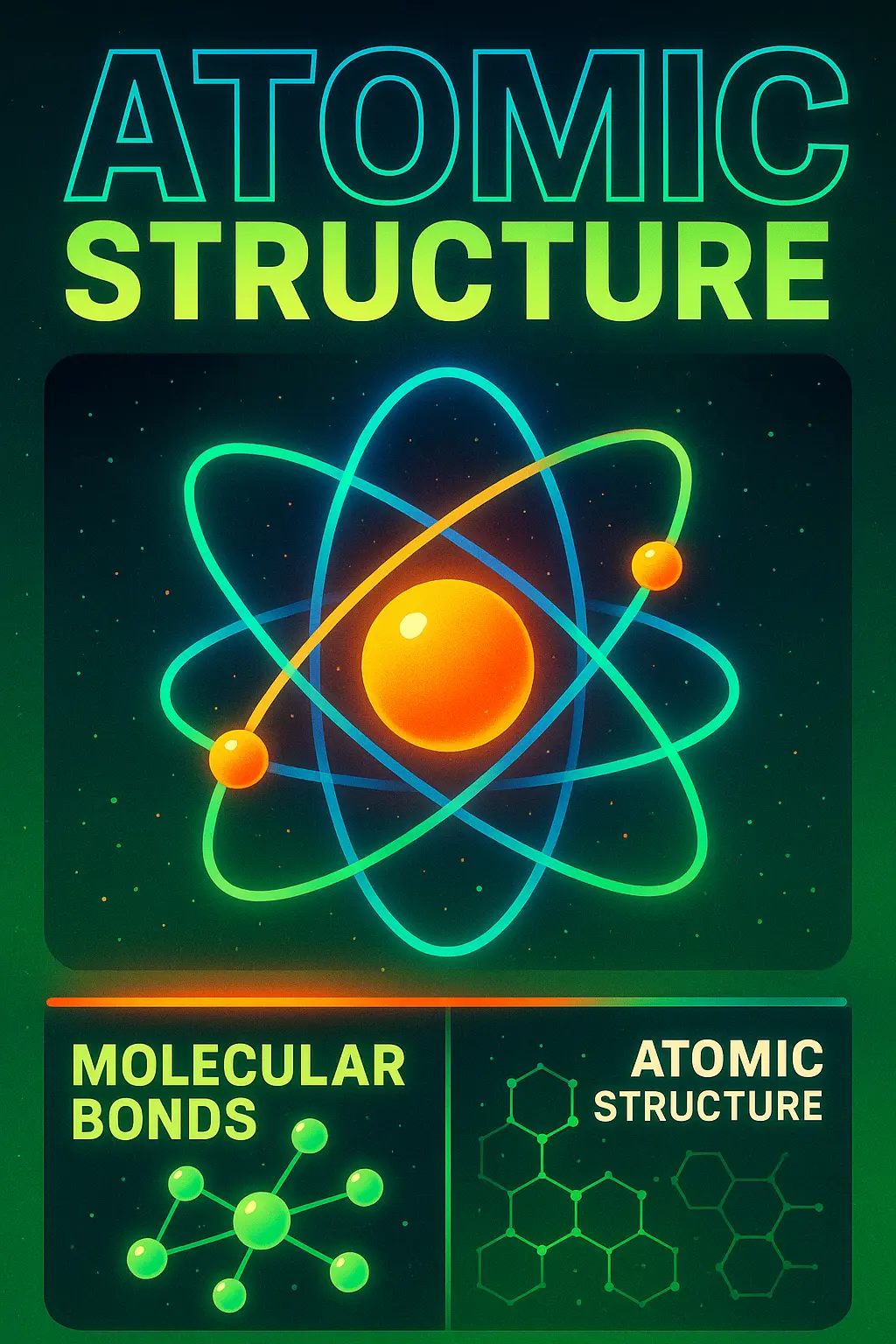 Science Poster template featuring an atomic structure with vibrant neon accents.