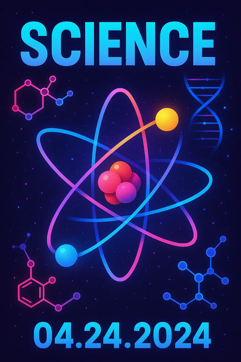 Vibrant Science Poster template with atom model and molecular patterns