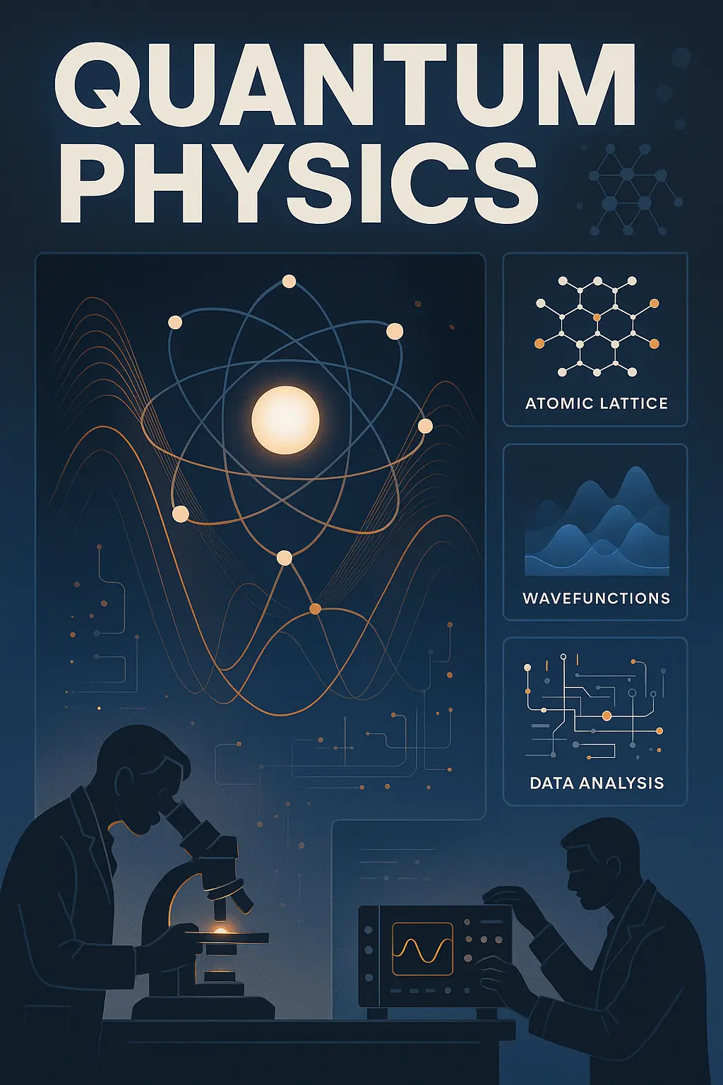 Science Poster template with quantum particles and waveform graphics