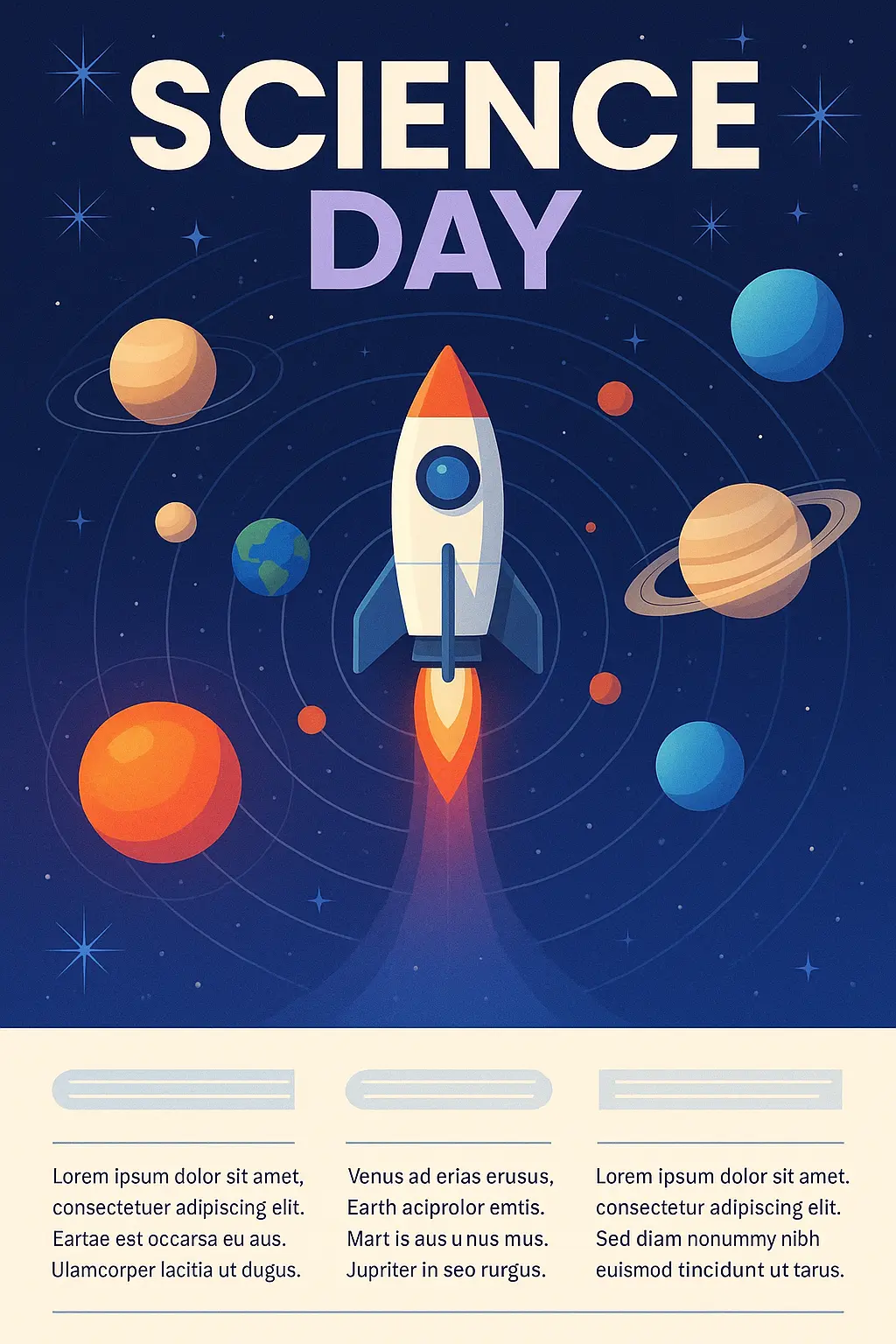 Science Poster template featuring rocket and planets in space