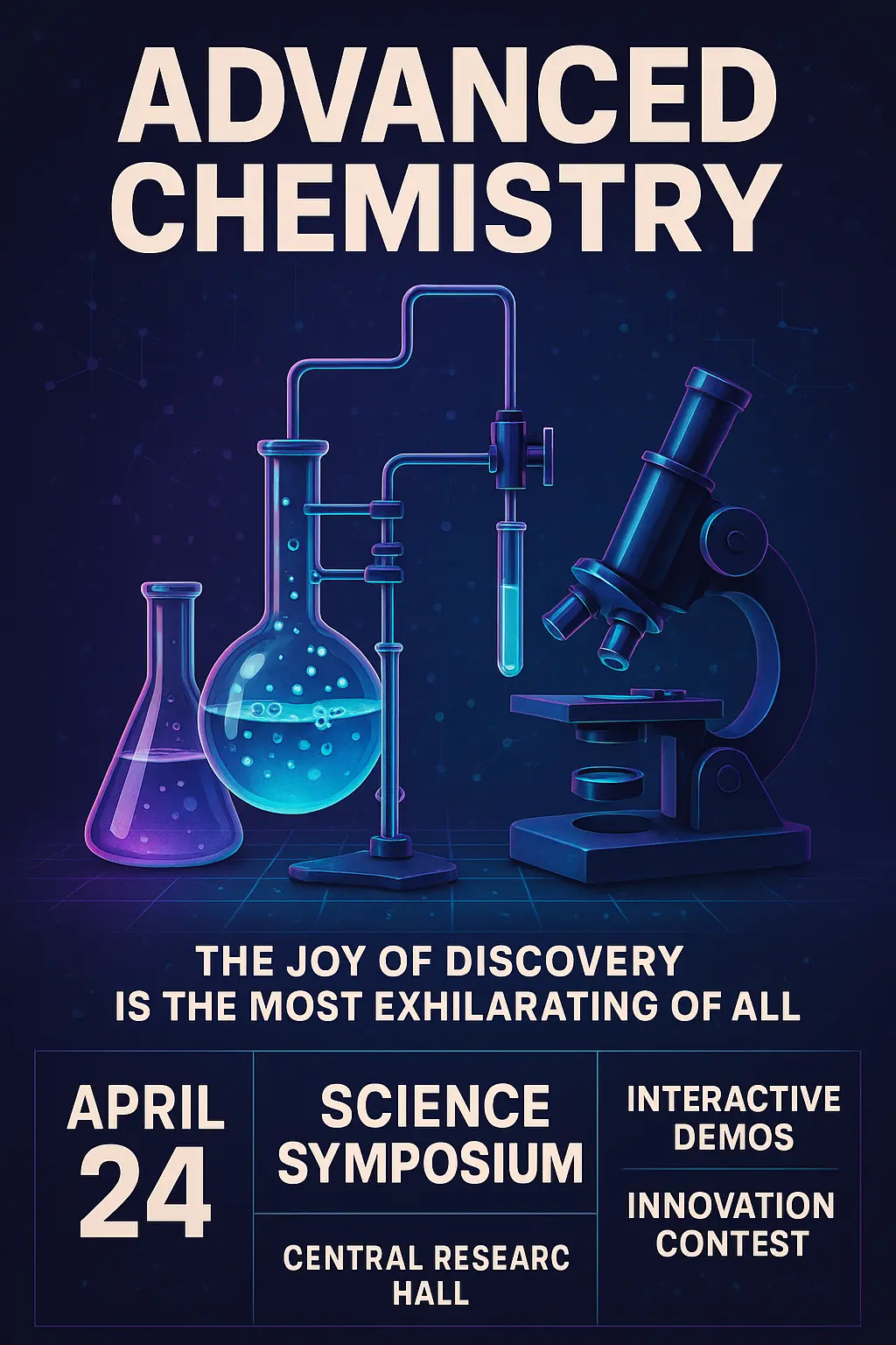 Science Poster template with 3D lab equipment and neon visuals