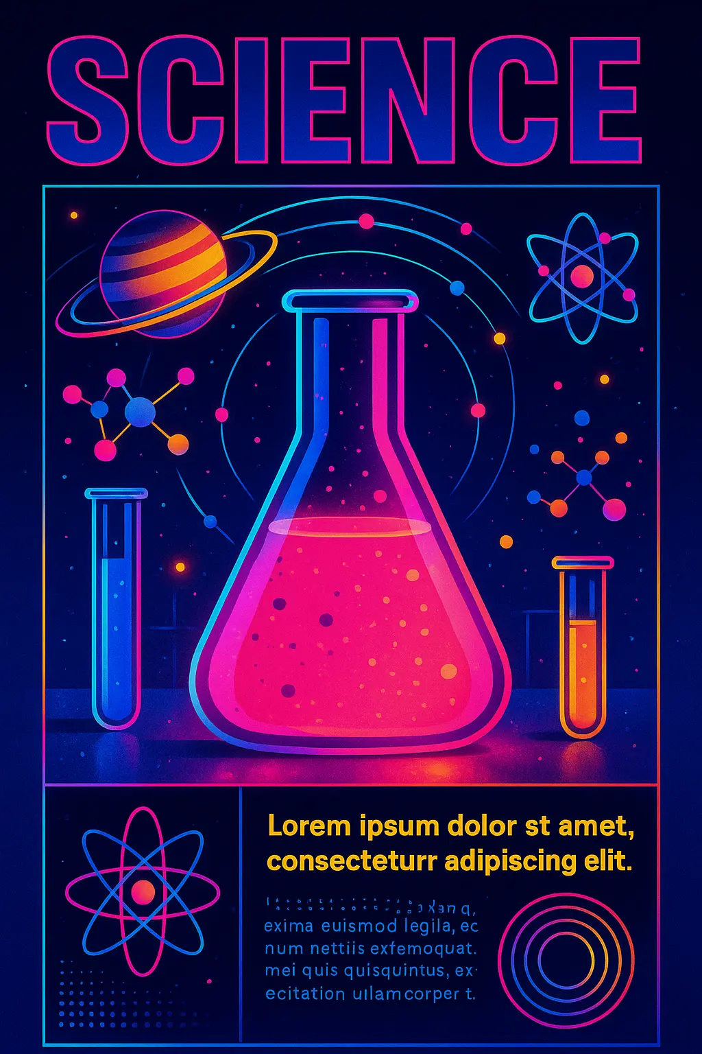 Colorful Science Poster template with bold laboratory flask and dynamic geometric patterns.