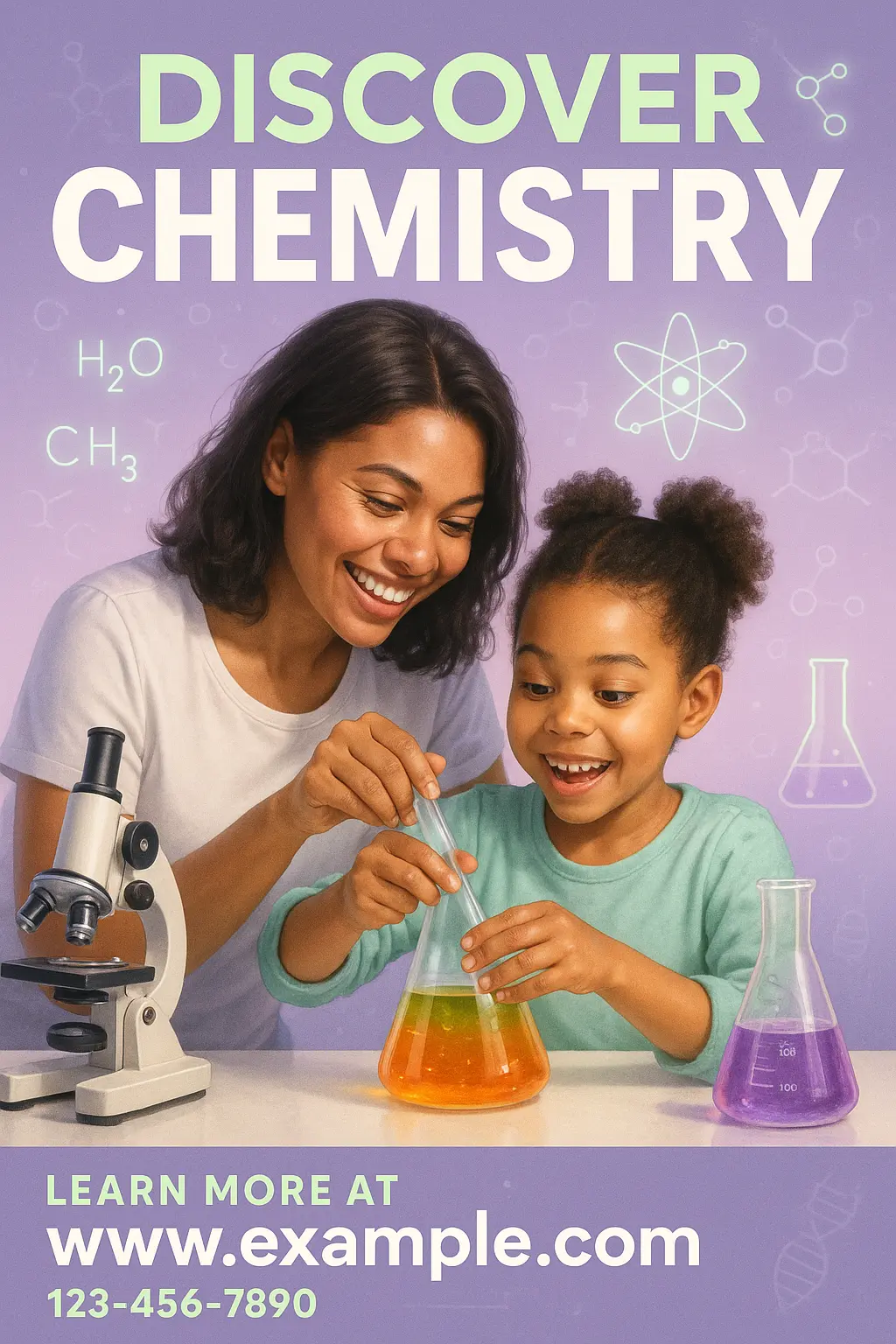 Science Poster template featuring a mother and child performing a chemistry experiment