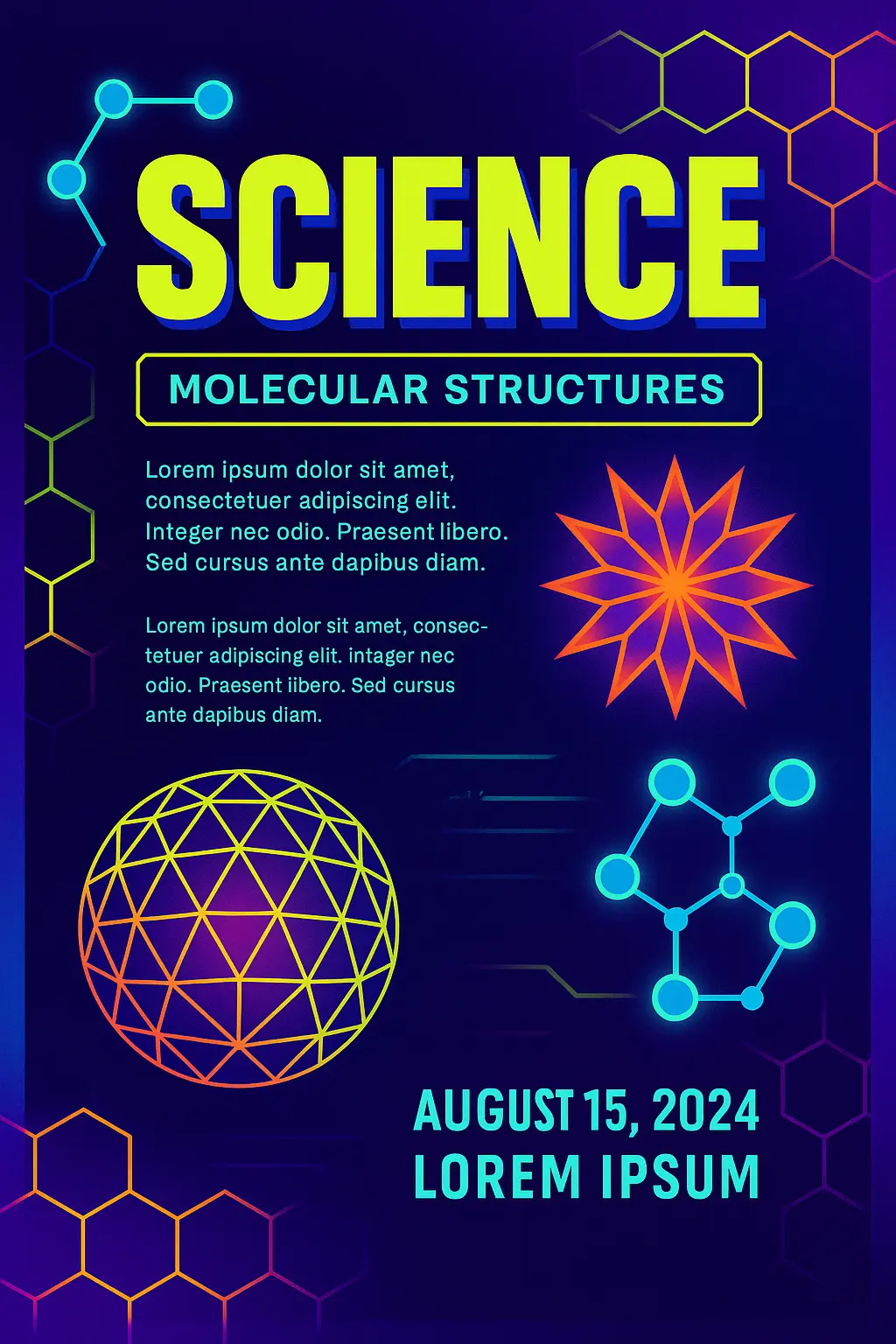 Vibrant Science Poster template with glowing molecular graphics