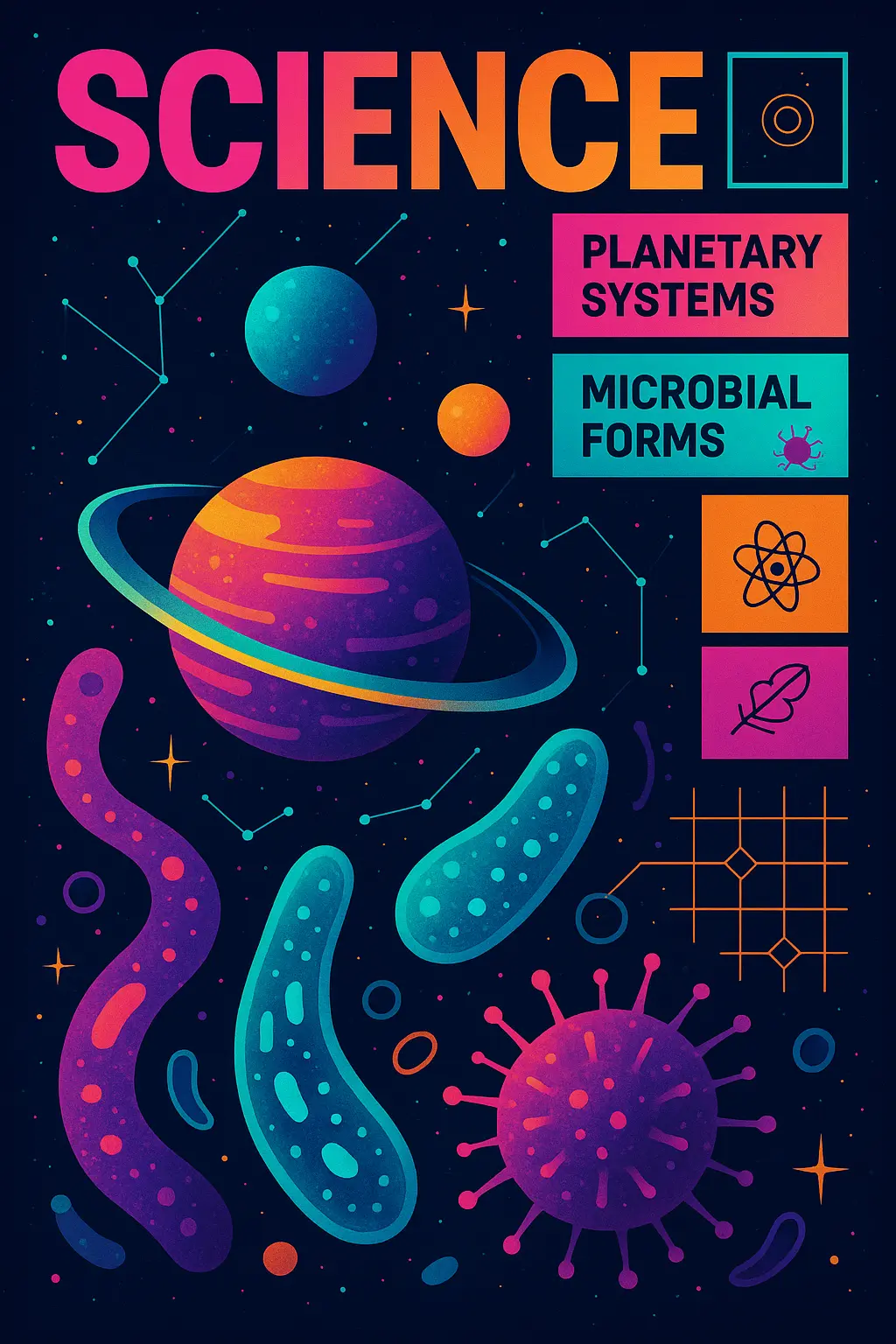 Vibrant Science Poster template with planets and microbes