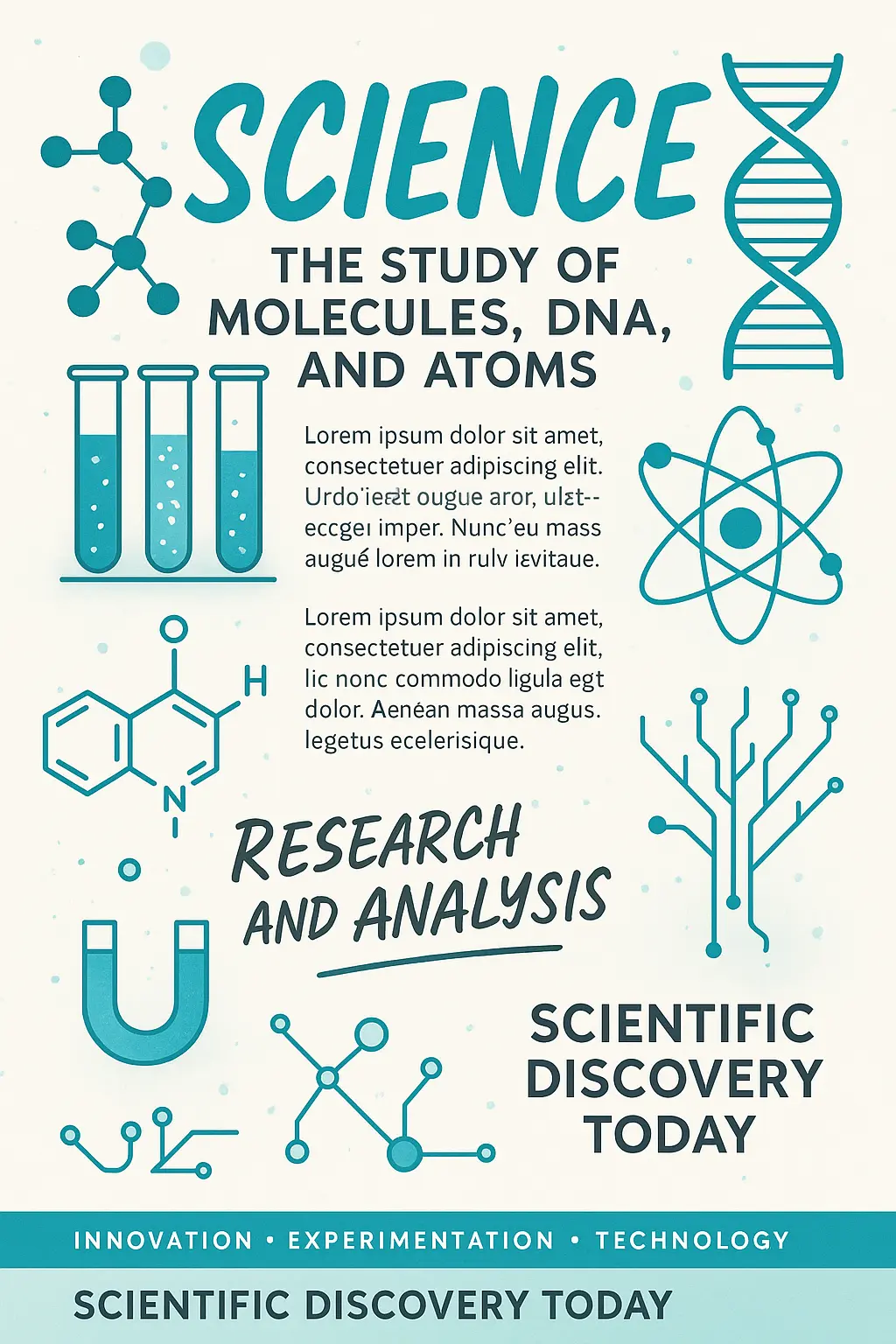 Minimalist Science Poster template with molecules and lab icons