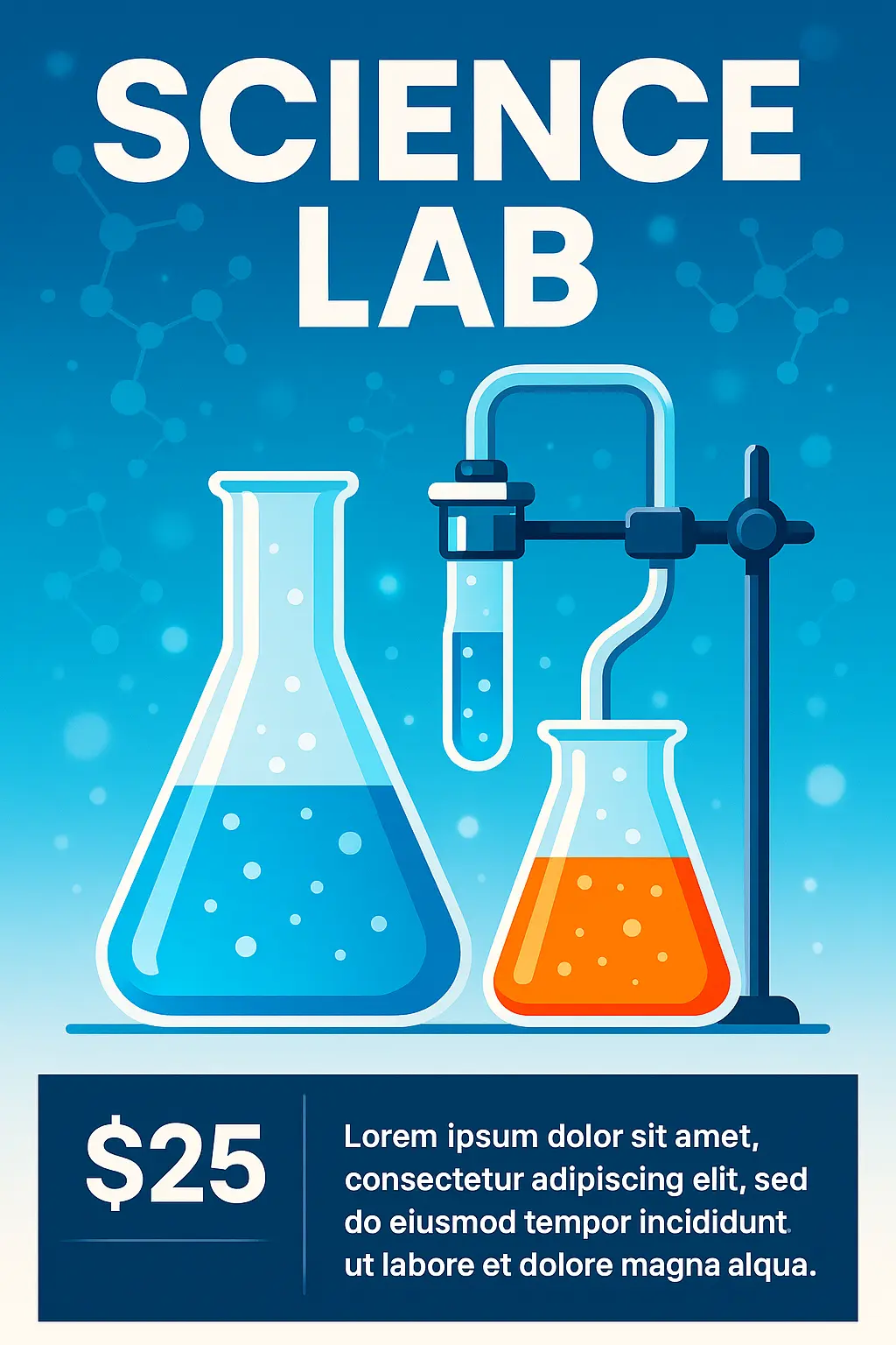 Science Poster template with laboratory equipment and molecule network