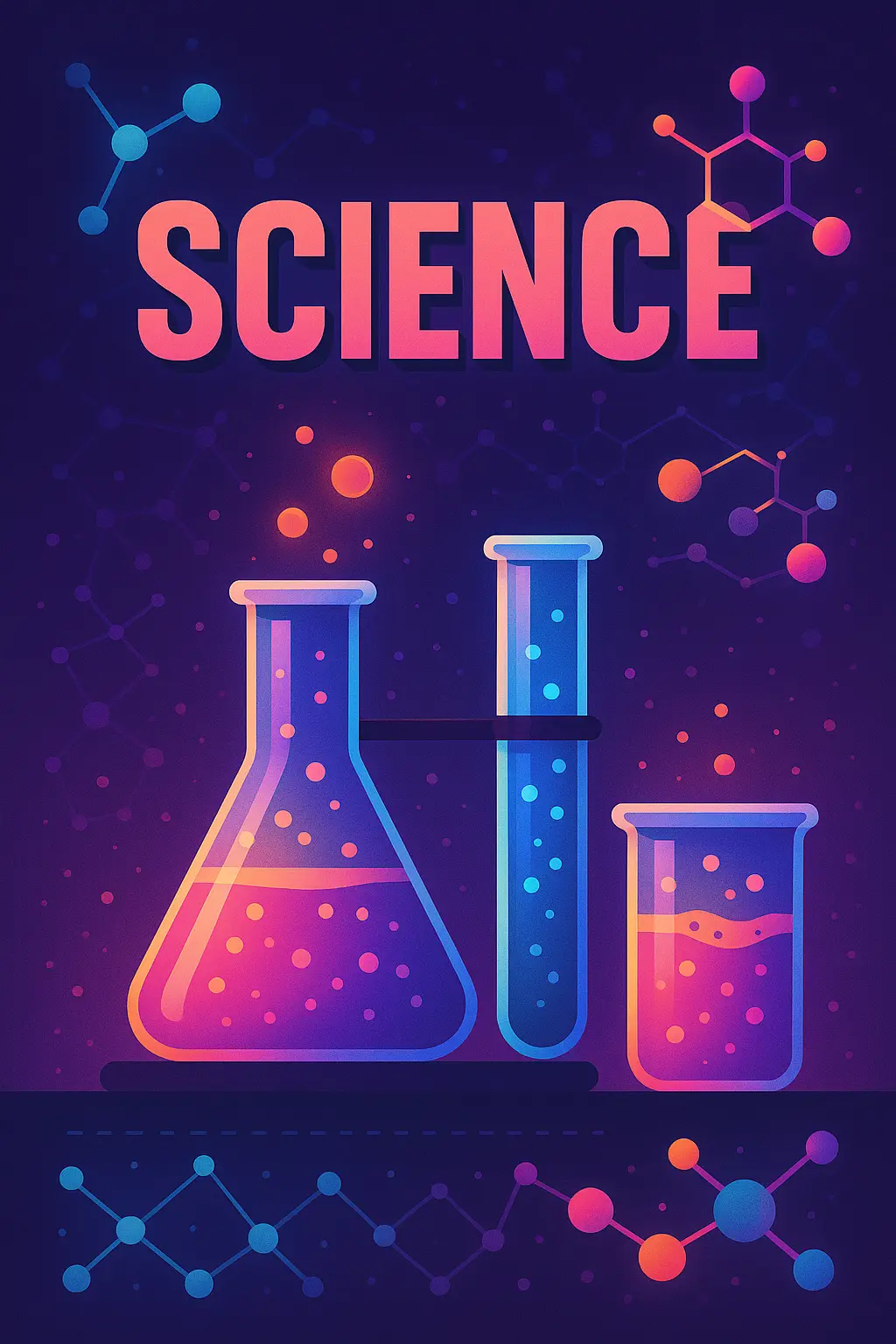 Science Poster template with laboratory experiment and colorful geometric design