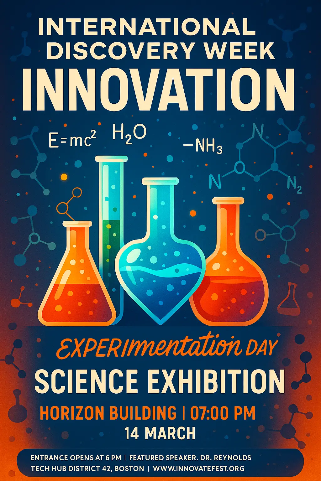 Science Poster template with colorful flasks and bold modern design
