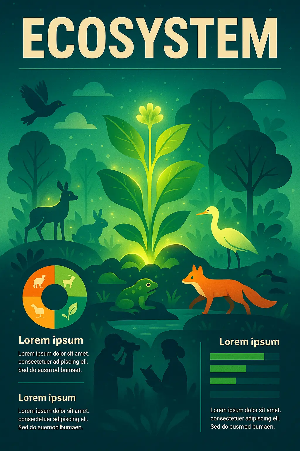 Science Poster template showcasing vibrant ecosystem illustration with data visualizations