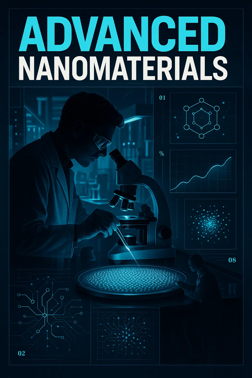 Science Poster template featuring a nanomaterials experiment with molecular diagrams.
