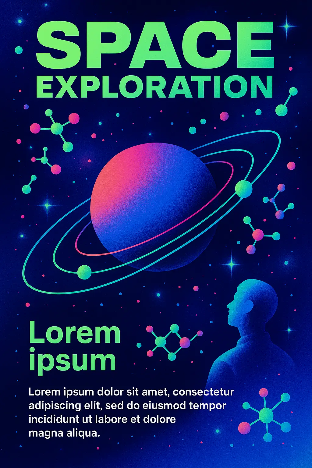 Space science poster template with vibrant cosmic graphics
