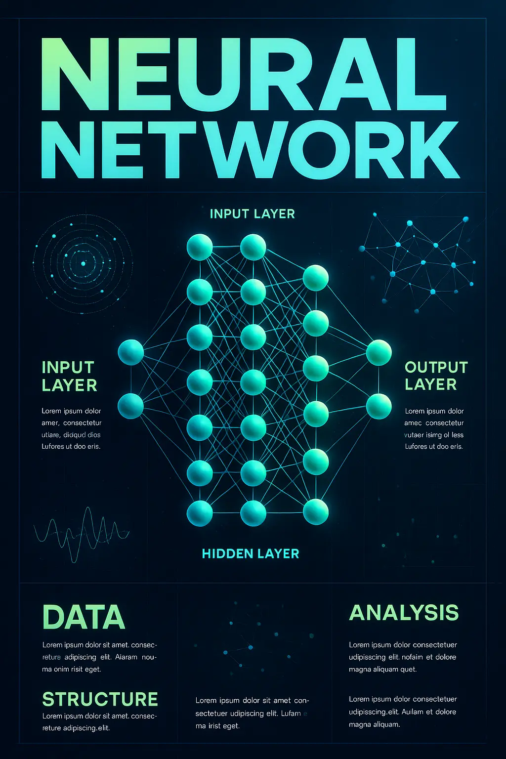 Science Poster template featuring neural network diagram in sleek, professional style