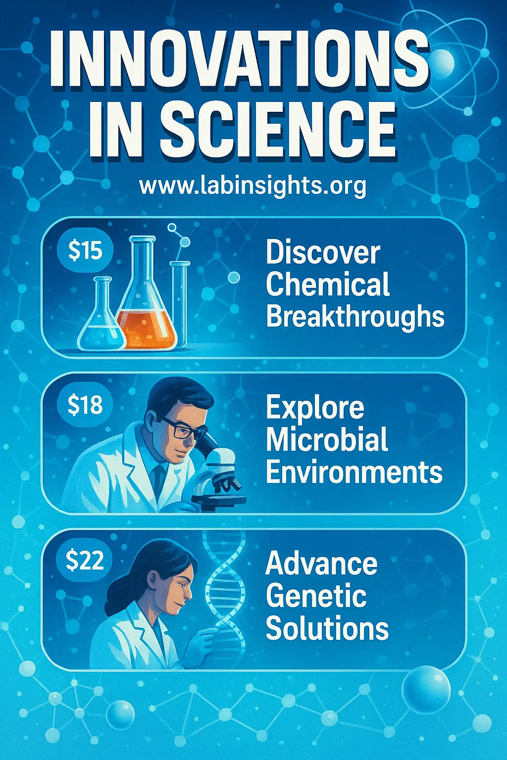 Photorealistic Science Poster template with lab themes and molecule graphics