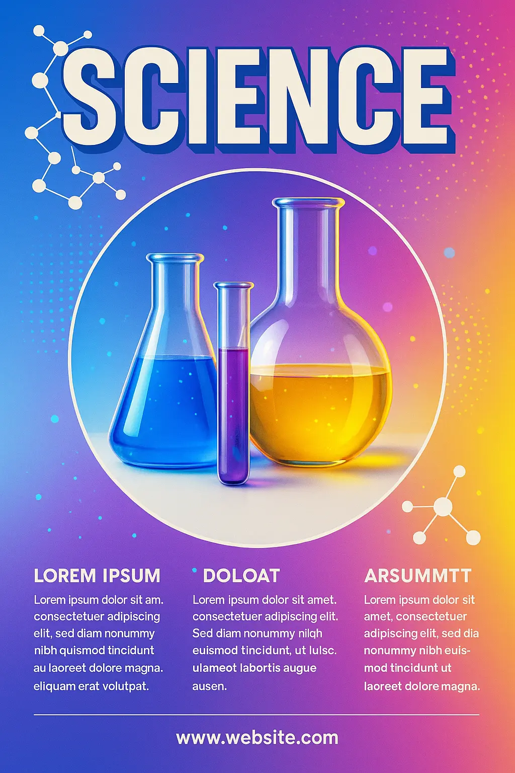 Colorful Science Poster template with laboratory glassware and creative design.