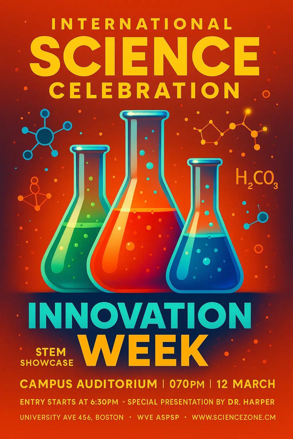 Colorful chemistry-themed Science Poster template with glowing flasks