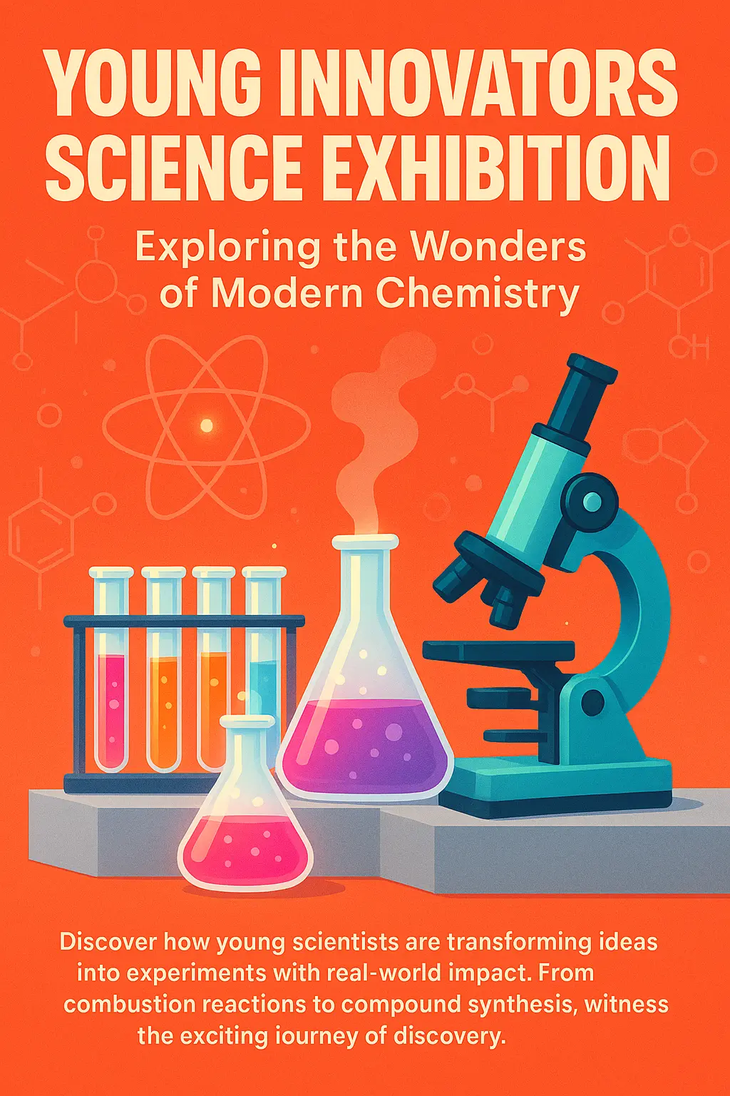 Science Poster template featuring colorful lab equipment and bold red background