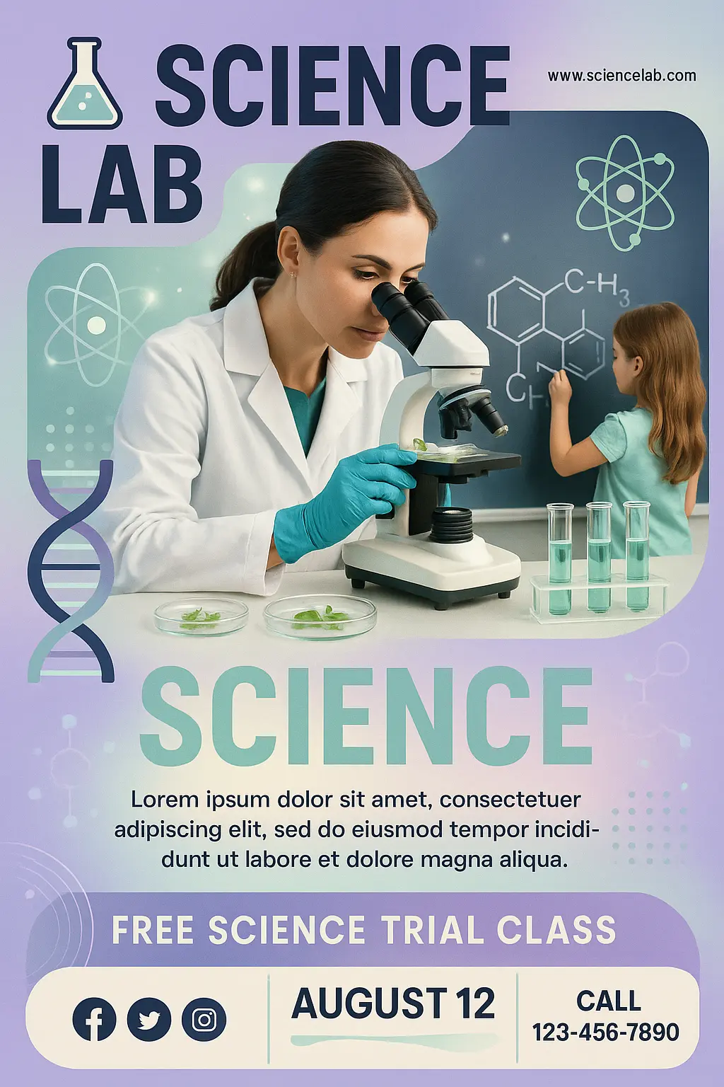 Playful photorealistic Science Poster template with lab and child visuals