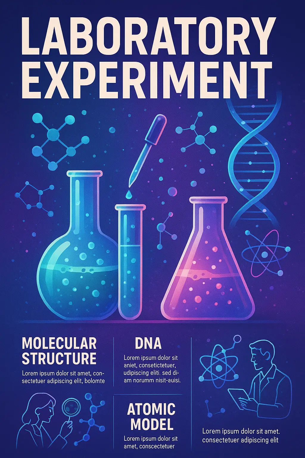 Science Poster template with laboratory experiment and molecular structures.