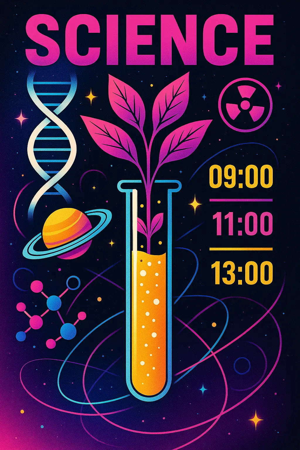 Vibrant Science Poster template with planets, DNA, and lab icons