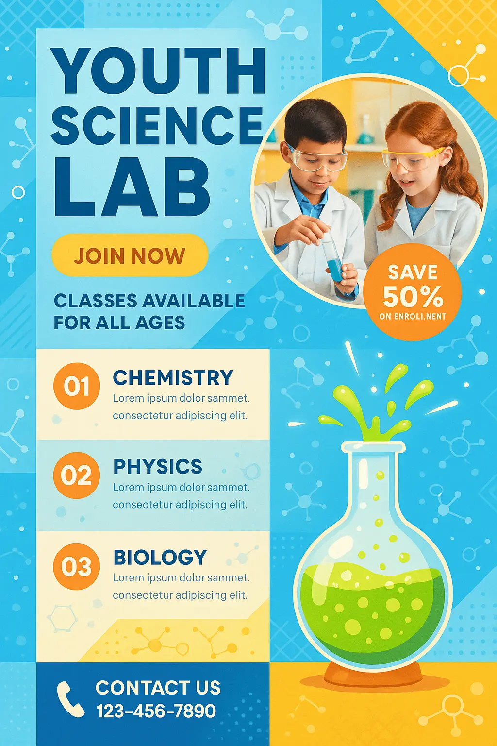 Playful Science Poster template with lab-themed design for kids