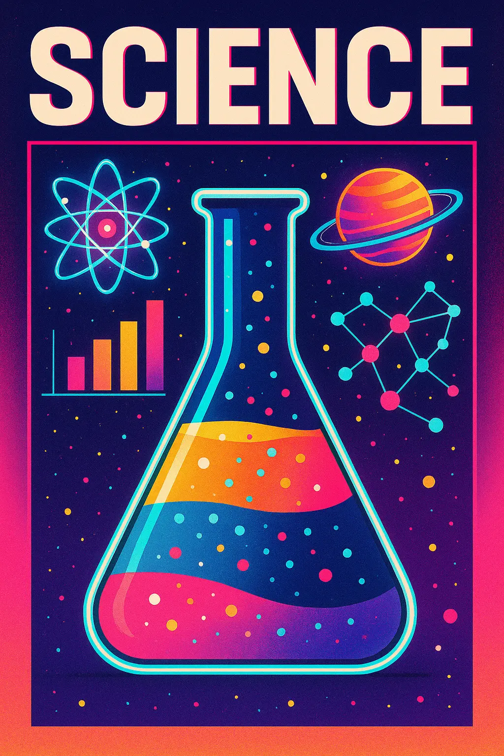 Colorful Science Poster template with laboratory flask and geometric shapes