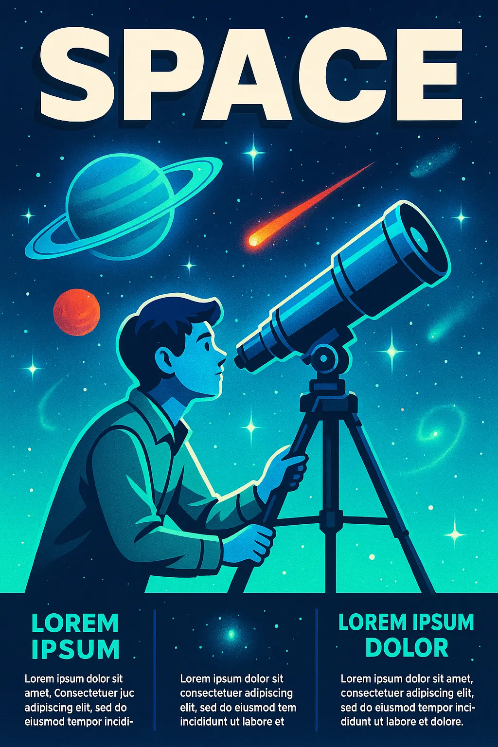 Science Poster template with a person using a telescope, cosmic elements, and vibrant colors