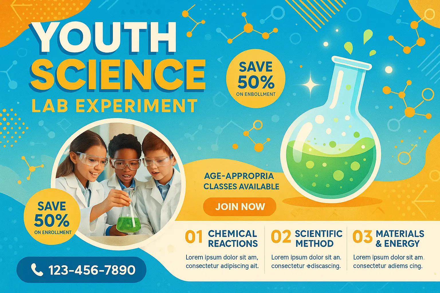 Playful Science Poster template with lab icons and bold offer