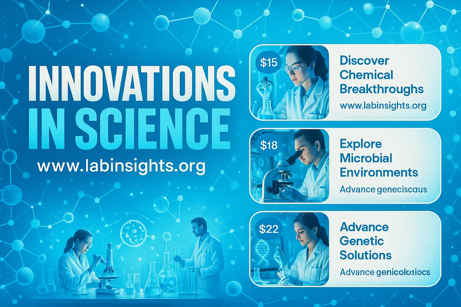 Colorful Science Poster template with DNA, atoms, and gears