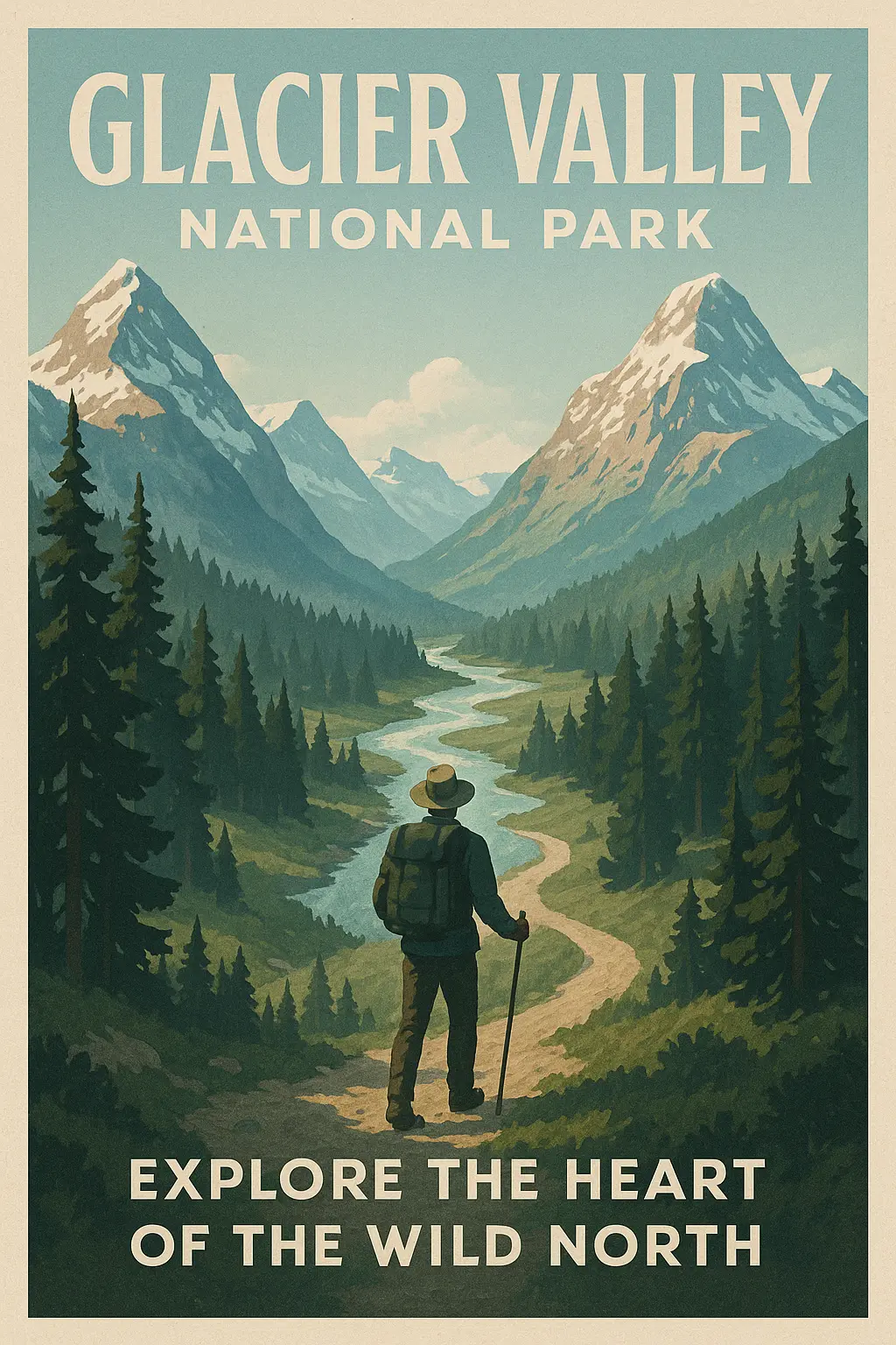 Retro Travel Poster template with mountains and hiker