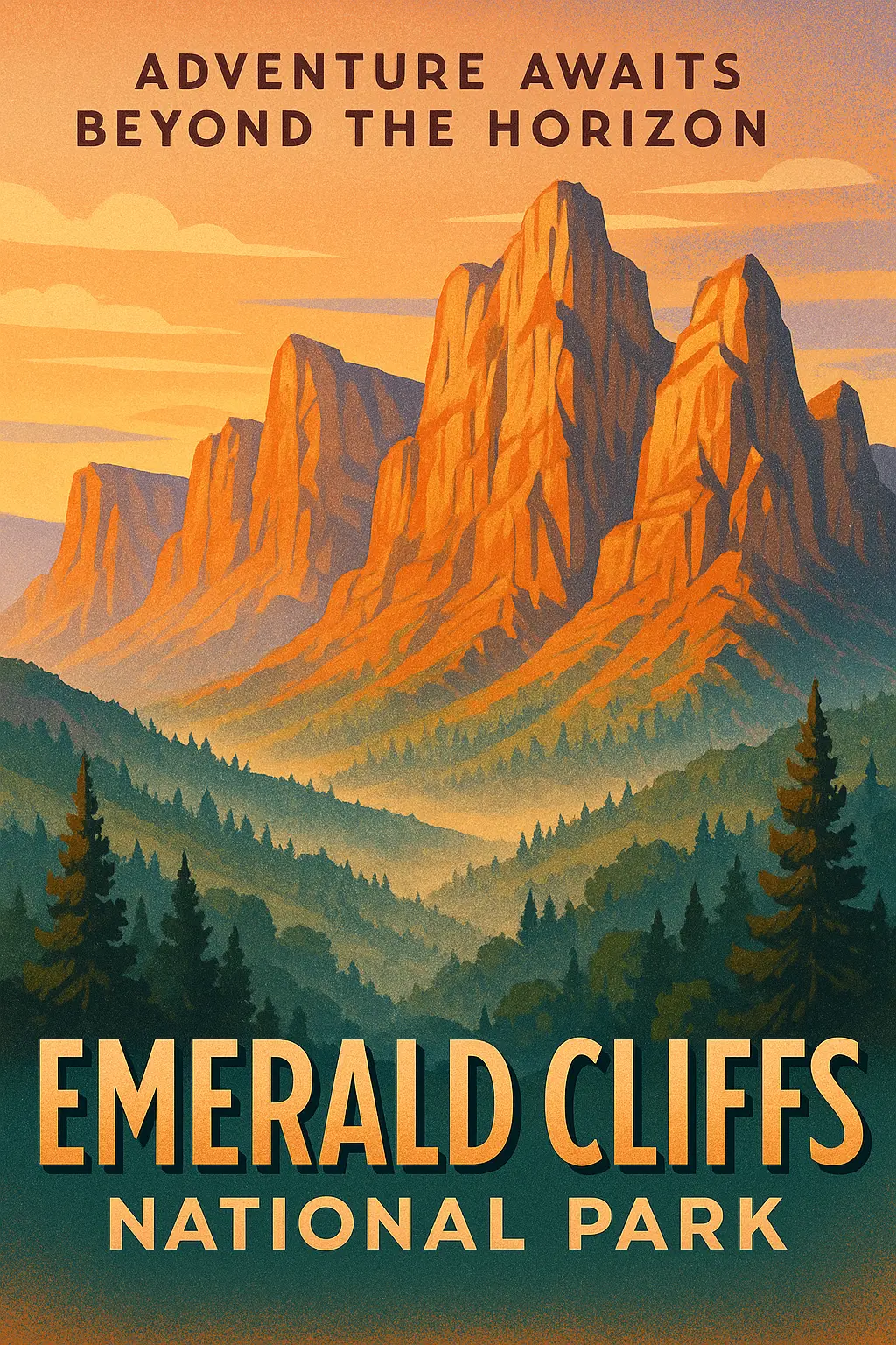 Vintage Travel Poster template of sunset cliffs and forest