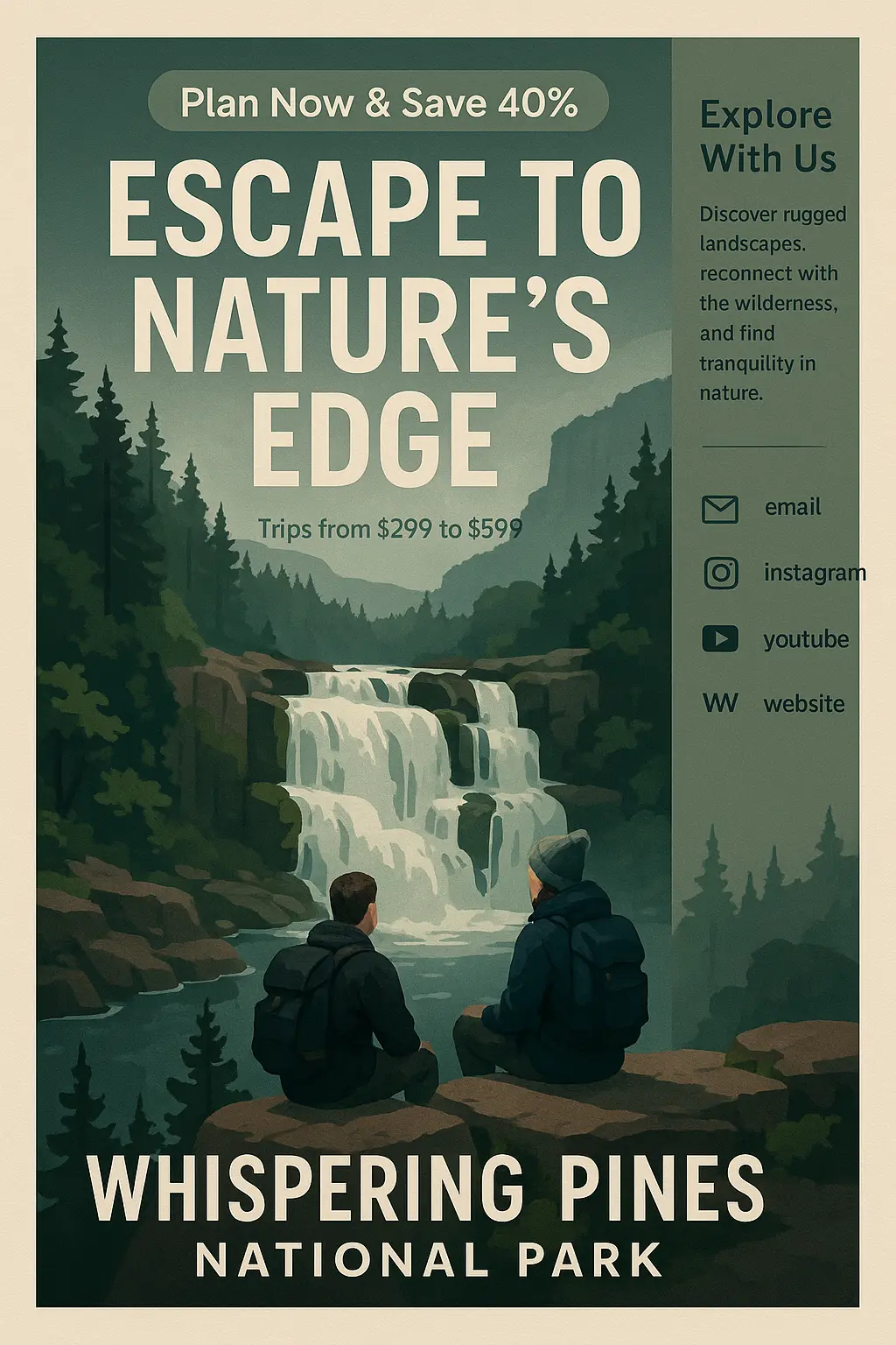 Minimalist Travel Poster template with forest waterfall and hikers