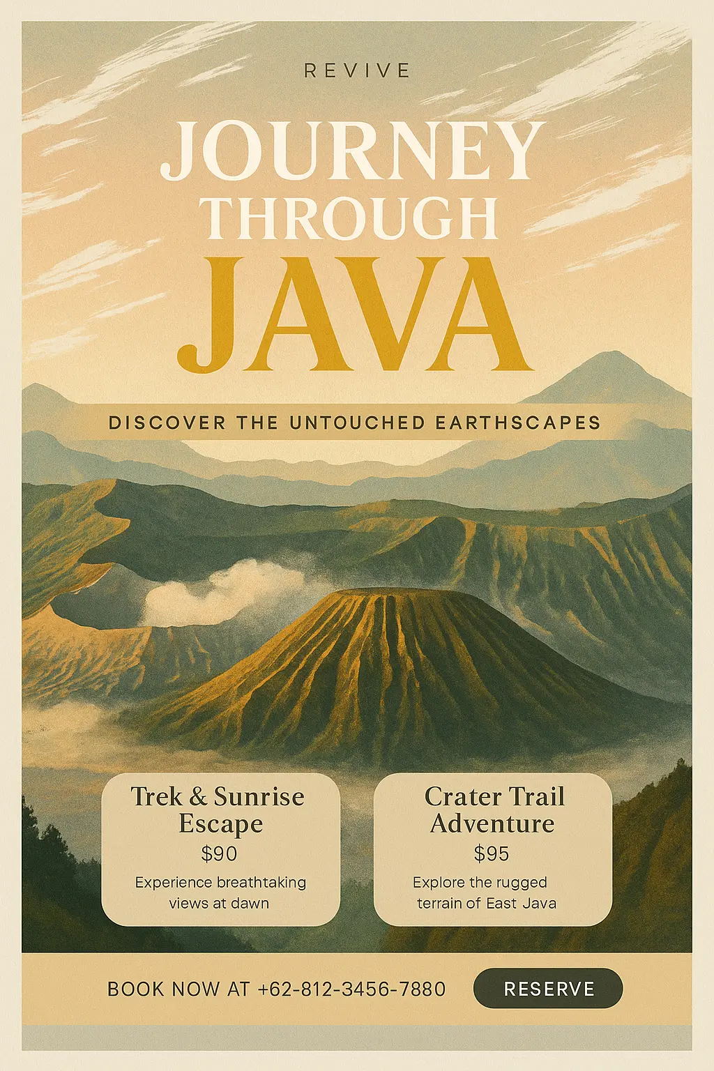 Serene Travel Poster template with Mount Bromo sunrise scene