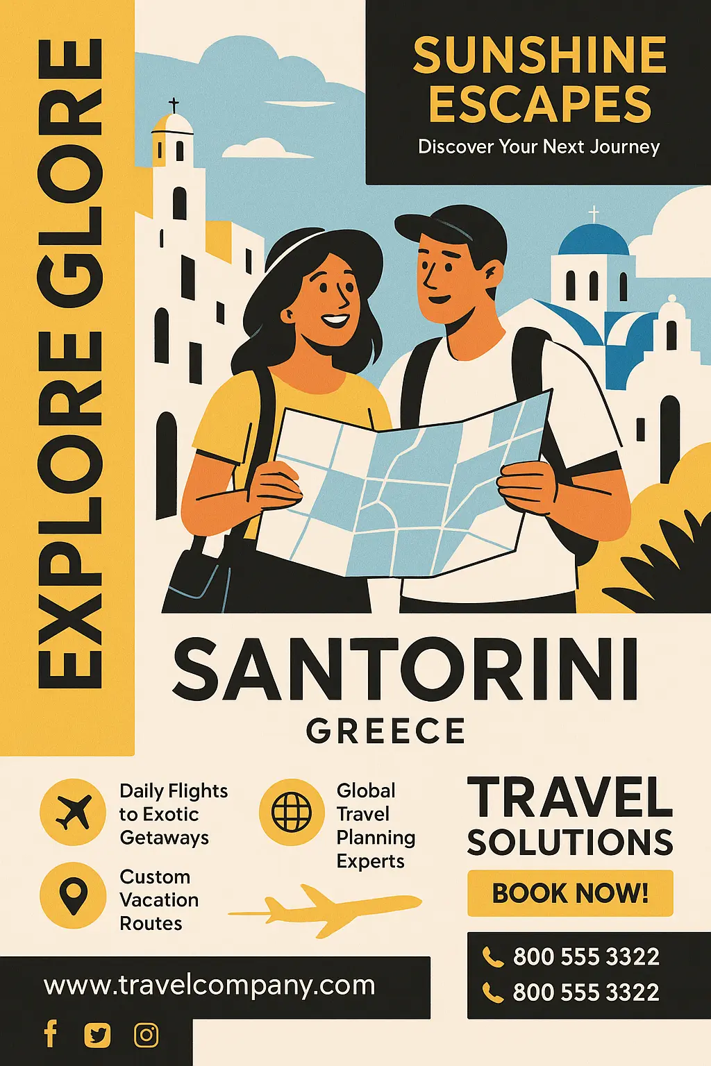 Minimalist Travel Poster template with couple exploring Santorini