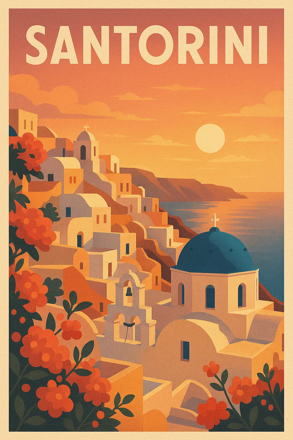 Santorini Travel Poster template with serene vintage style.