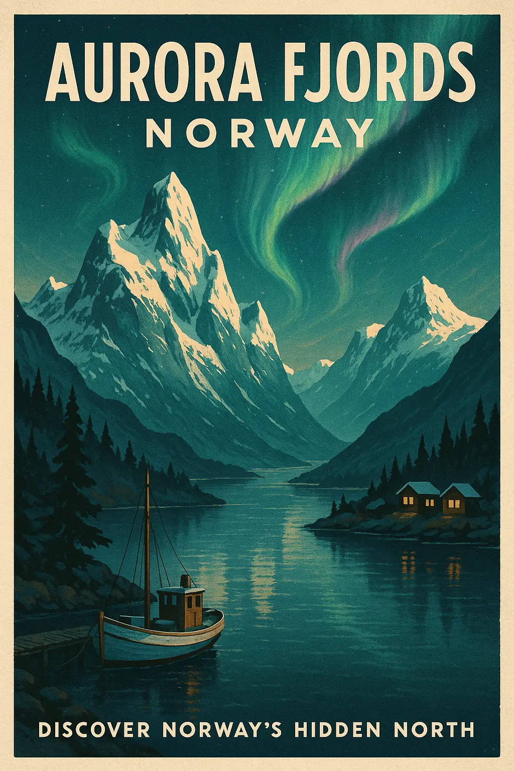 Vintage Travel Poster template with fjord and aurora lights